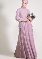 Tesettür giyim MOR ALVİNA  TAŞ BASKI DETAYLI ŞİFON ABİYE ELBİSE 5428