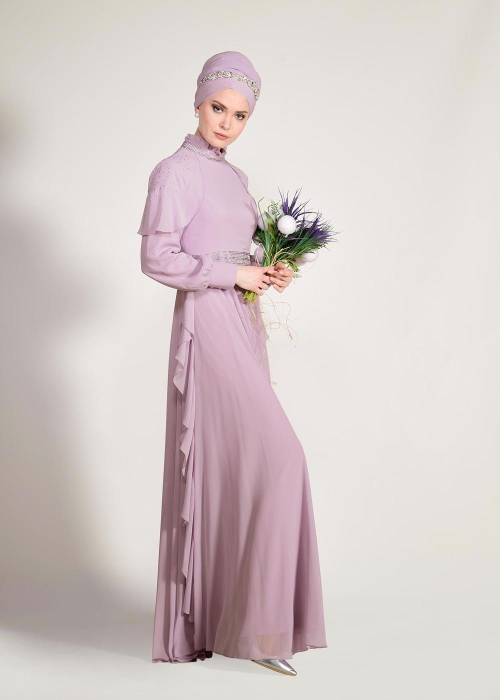 Tesettür giyim MOR ALVİNA  TAŞ BASKI DETAYLI ŞİFON ABİYE ELBİSE 5428