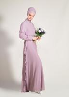 Tesettür giyim MOR ALVİNA  TAŞ BASKI DETAYLI ŞİFON ABİYE ELBİSE 5428