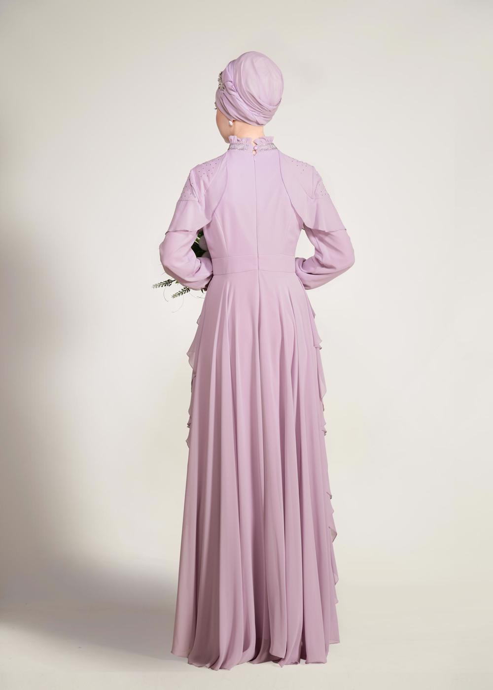 Tesettür giyim MOR ALVİNA  TAŞ BASKI DETAYLI ŞİFON ABİYE ELBİSE 5428