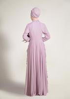 Tesettür giyim MOR ALVİNA  TAŞ BASKI DETAYLI ŞİFON ABİYE ELBİSE 5428