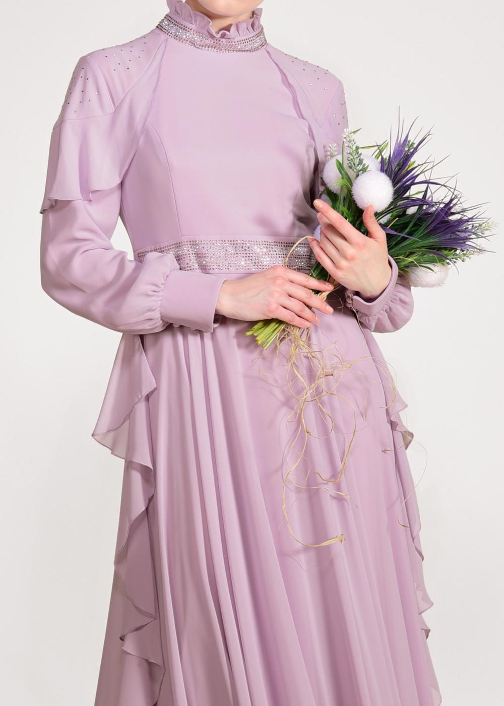 Tesettür giyim MOR ALVİNA  TAŞ BASKI DETAYLI ŞİFON ABİYE ELBİSE 5428