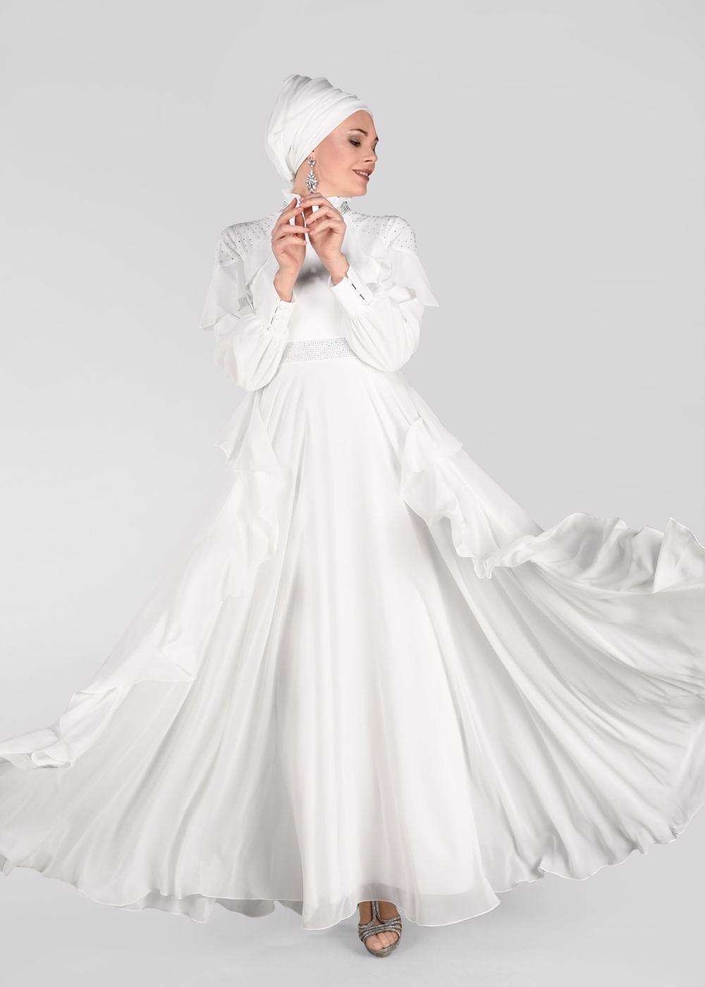 Tesettür giyim EKRU ALVİNA  TAŞ BASKI DETAYLI ŞİFON ABİYE ELBİSE 5428