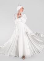 Tesettür giyim EKRU ALVİNA  TAŞ BASKI DETAYLI ŞİFON ABİYE ELBİSE 5428