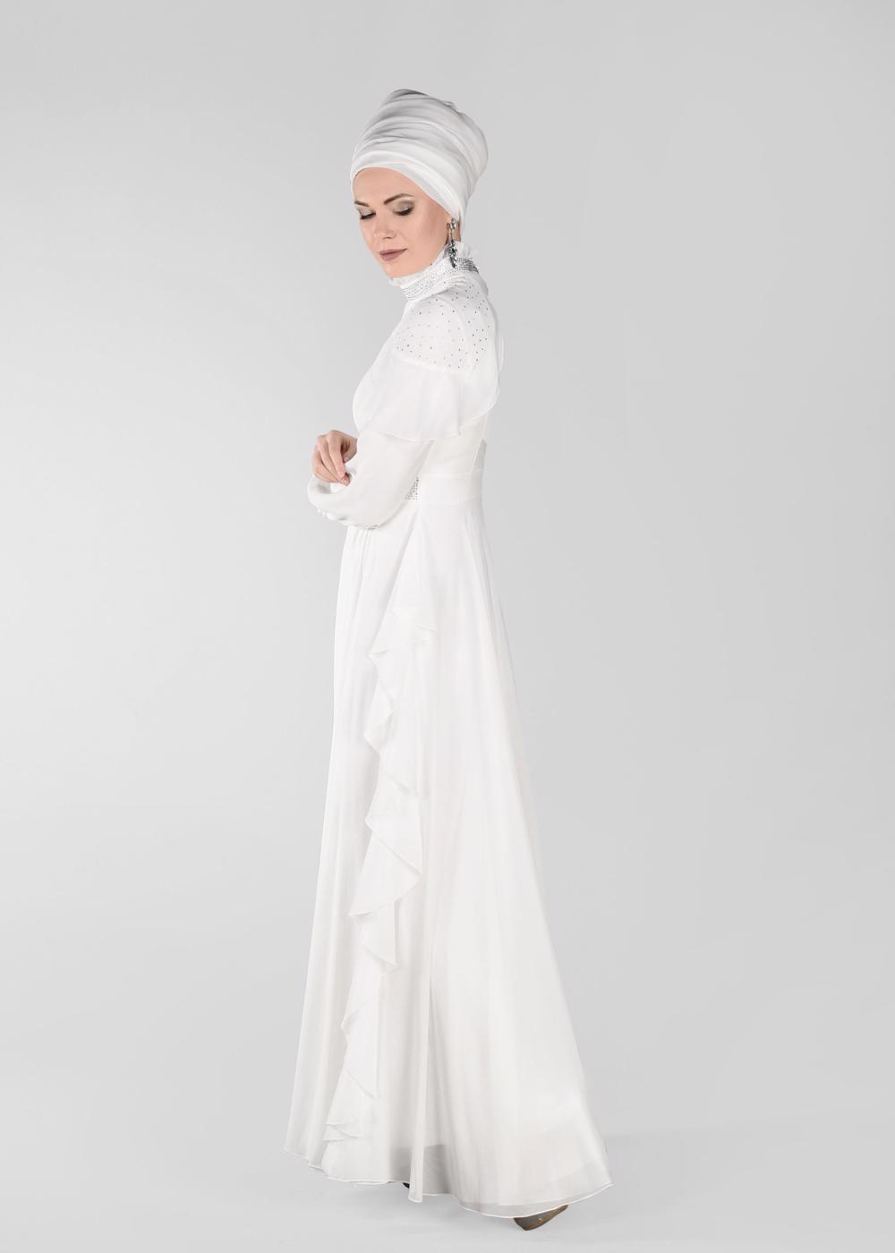 Tesettür giyim EKRU ALVİNA  TAŞ BASKI DETAYLI ŞİFON ABİYE ELBİSE 5428