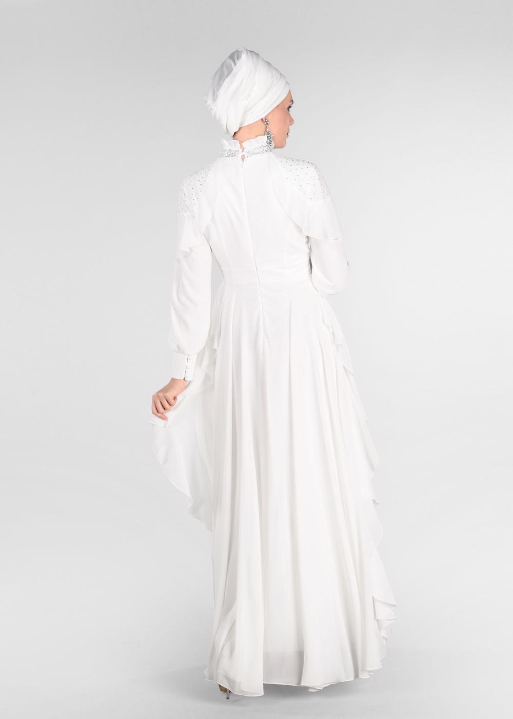 Tesettür giyim EKRU ALVİNA  TAŞ BASKI DETAYLI ŞİFON ABİYE ELBİSE 5428