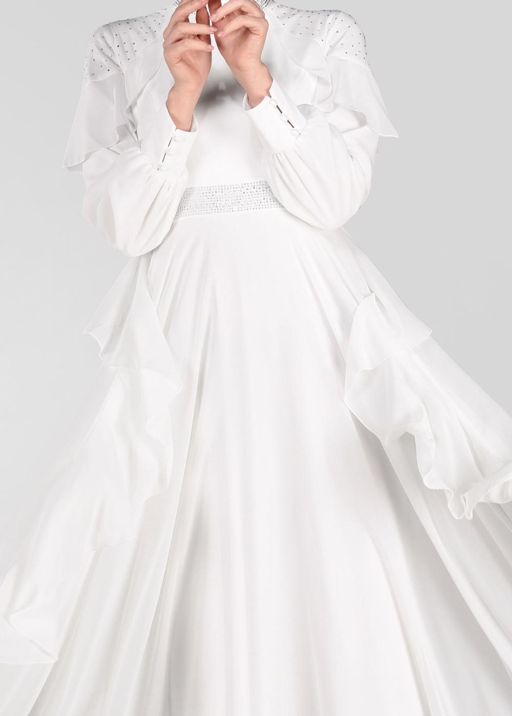 Tesettür giyim EKRU ALVİNA  TAŞ BASKI DETAYLI ŞİFON ABİYE ELBİSE 5428