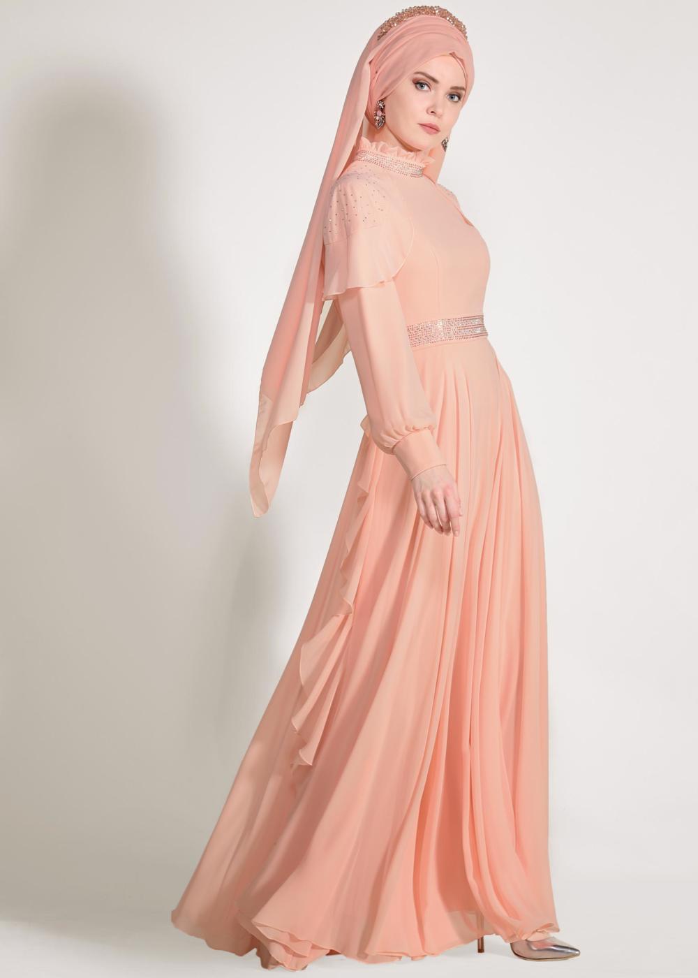 Tesettür giyim PUDRA ALVİNA  TAŞ BASKI DETAYLI ŞİFON ABİYE ELBİSE 5428