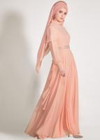 Tesettür giyim PUDRA ALVİNA  TAŞ BASKI DETAYLI ŞİFON ABİYE ELBİSE 5428