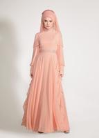 Tesettür giyim PUDRA ALVİNA  TAŞ BASKI DETAYLI ŞİFON ABİYE ELBİSE 5428