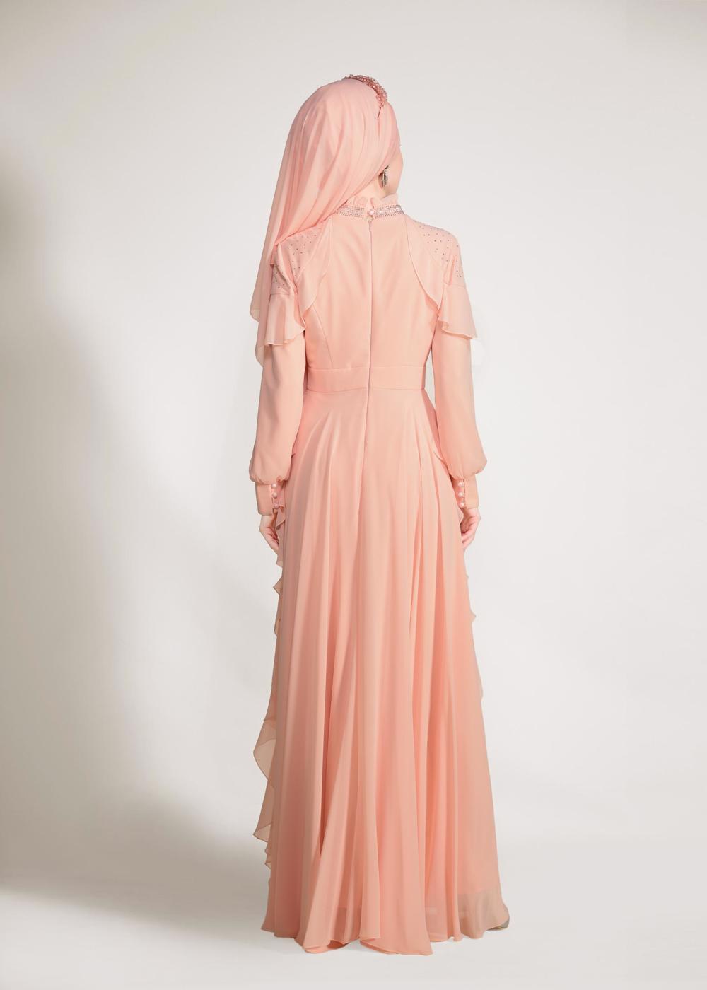 Tesettür giyim PUDRA ALVİNA  TAŞ BASKI DETAYLI ŞİFON ABİYE ELBİSE 5428
