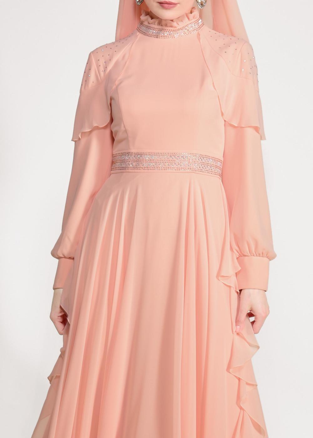 Tesettür giyim PUDRA ALVİNA  TAŞ BASKI DETAYLI ŞİFON ABİYE ELBİSE 5428