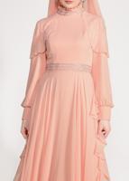 Tesettür giyim PUDRA ALVİNA  TAŞ BASKI DETAYLI ŞİFON ABİYE ELBİSE 5428