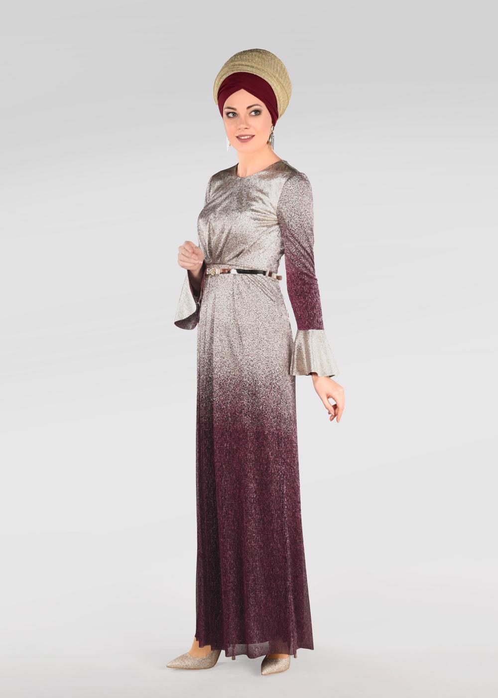 Tesettür giyim BORDO İKİ RENK GEÇİŞLİ SİMLİ ABİYE ELBİSE 5431 
