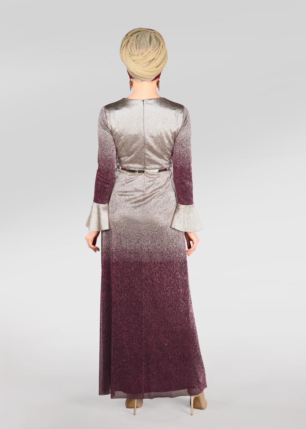 Tesettür giyim BORDO İKİ RENK GEÇİŞLİ SİMLİ ABİYE ELBİSE 5431 