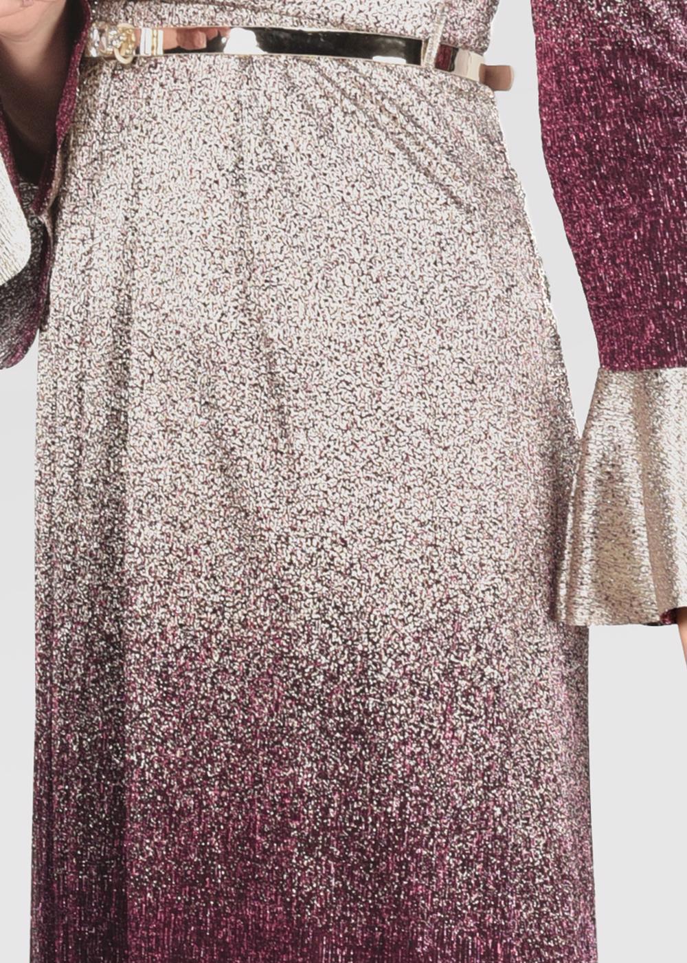 Tesettür giyim BORDO İKİ RENK GEÇİŞLİ SİMLİ ABİYE ELBİSE 5431 