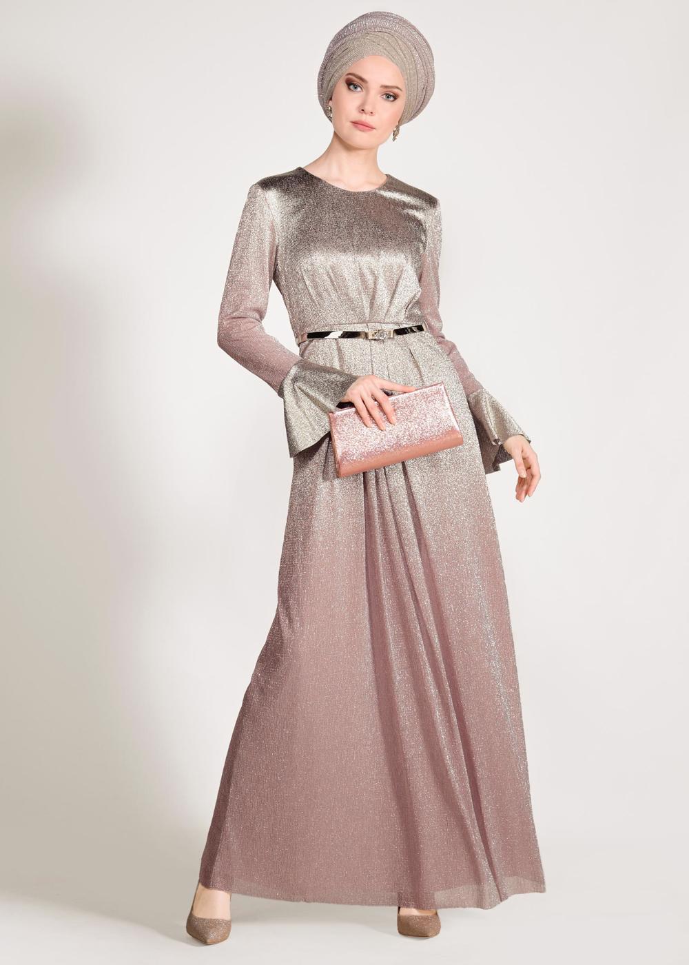 Tesettür giyim PUDRA İKİ RENK GEÇİŞLİ SİMLİ ABİYE ELBİSE 5431 