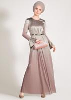 Tesettür giyim PUDRA İKİ RENK GEÇİŞLİ SİMLİ ABİYE ELBİSE 5431 