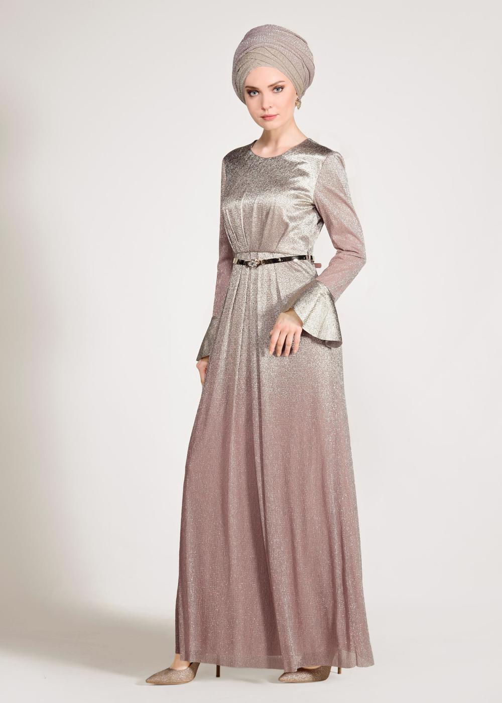 Tesettür giyim PUDRA İKİ RENK GEÇİŞLİ SİMLİ ABİYE ELBİSE 5431 