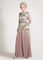 Tesettür giyim PUDRA İKİ RENK GEÇİŞLİ SİMLİ ABİYE ELBİSE 5431 