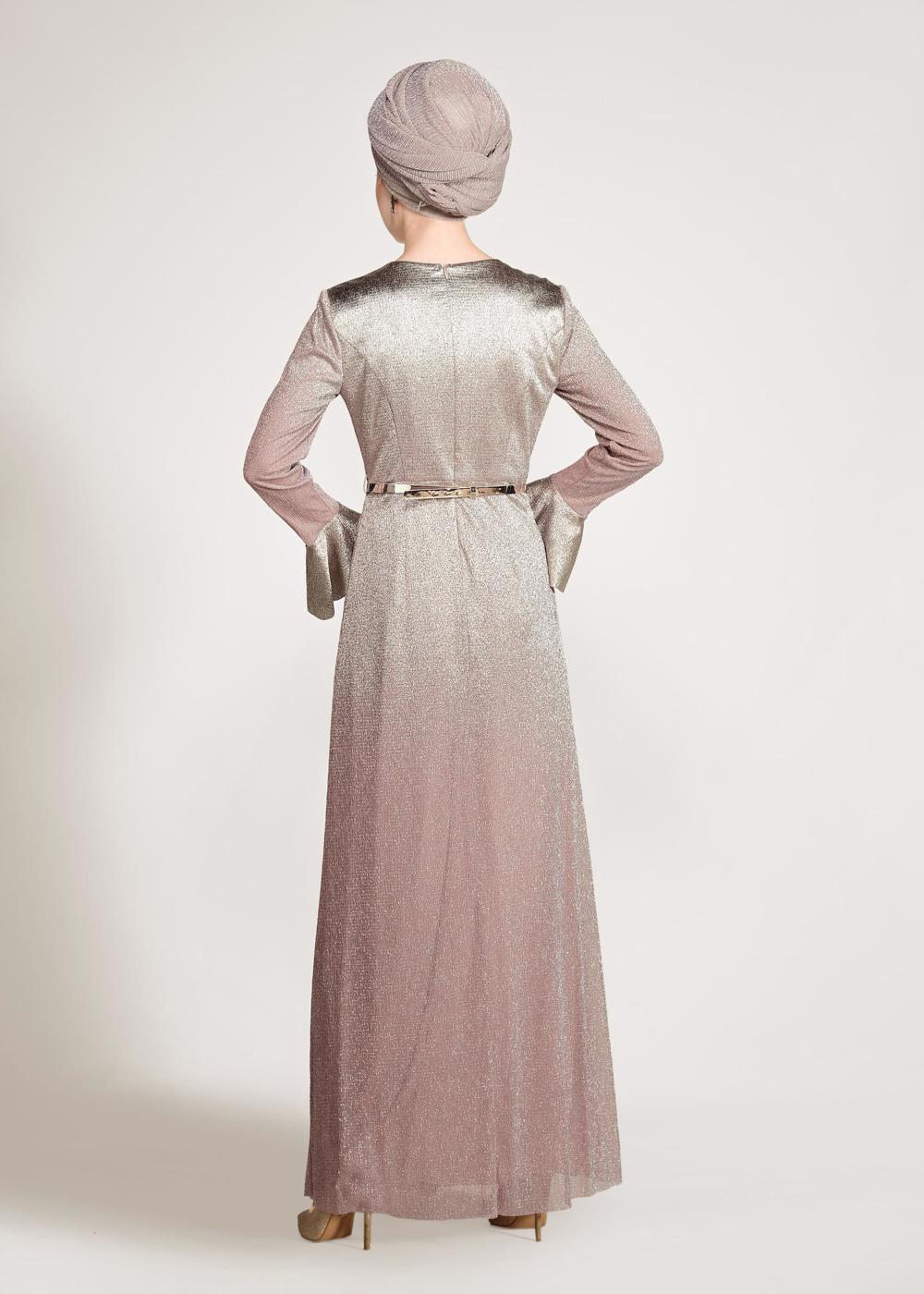 Tesettür giyim PUDRA İKİ RENK GEÇİŞLİ SİMLİ ABİYE ELBİSE 5431 