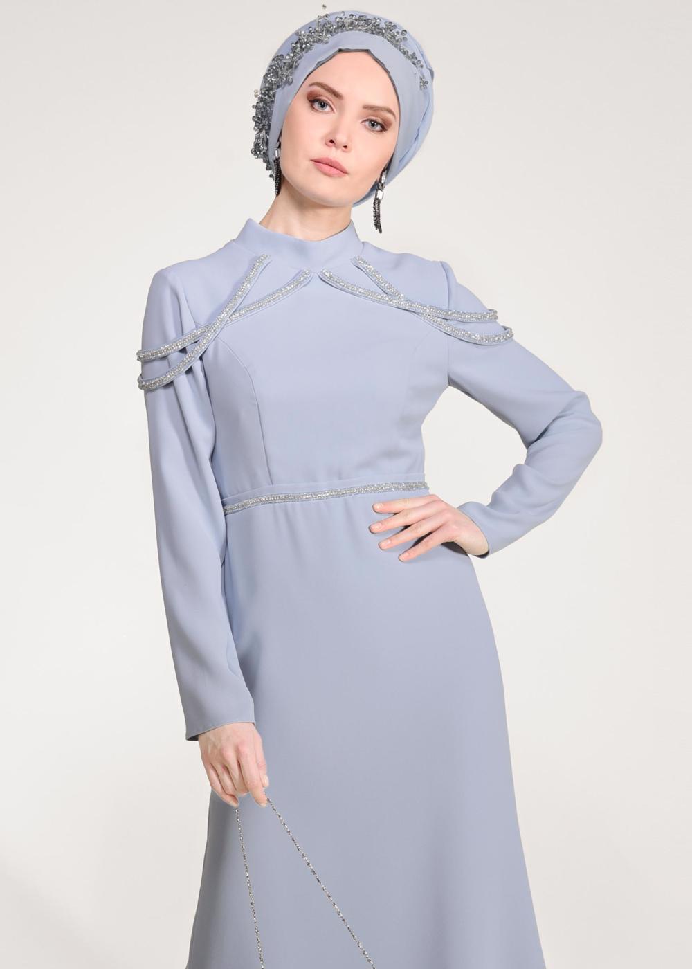 Tesettür giyim MAVİ ALVİNA TAŞ DETAYLI ABİYE ELBİSE T 5445