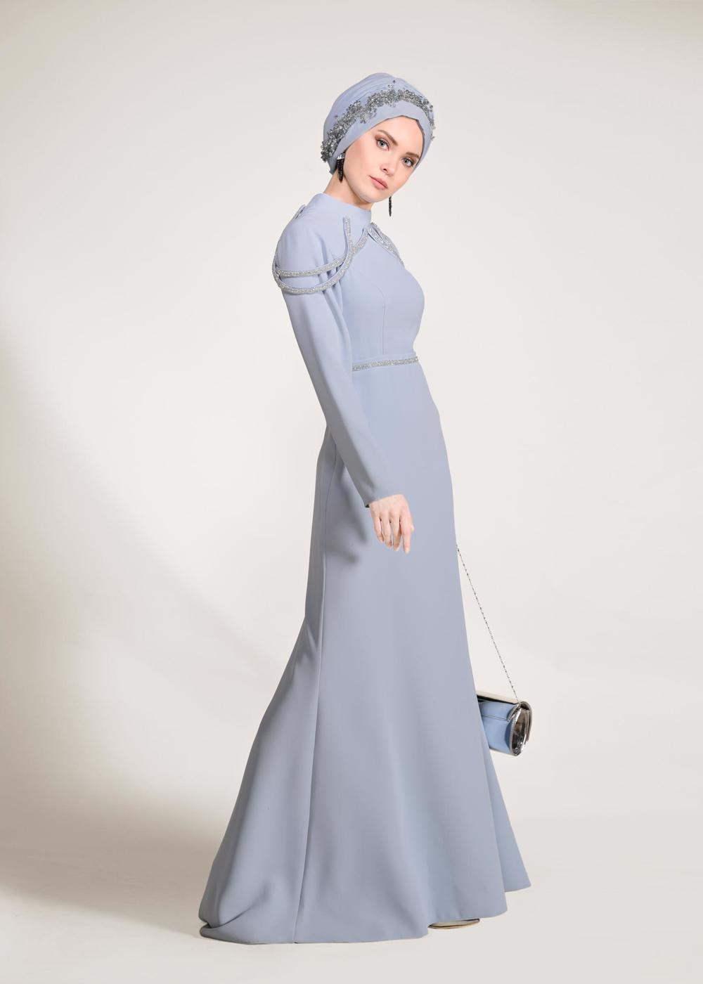 Tesettür giyim MAVİ ALVİNA TAŞ DETAYLI ABİYE ELBİSE T 5445