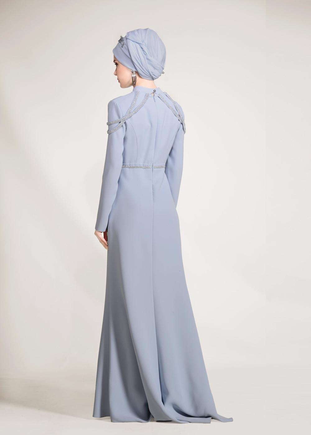 Tesettür giyim MAVİ ALVİNA TAŞ DETAYLI ABİYE ELBİSE T 5445