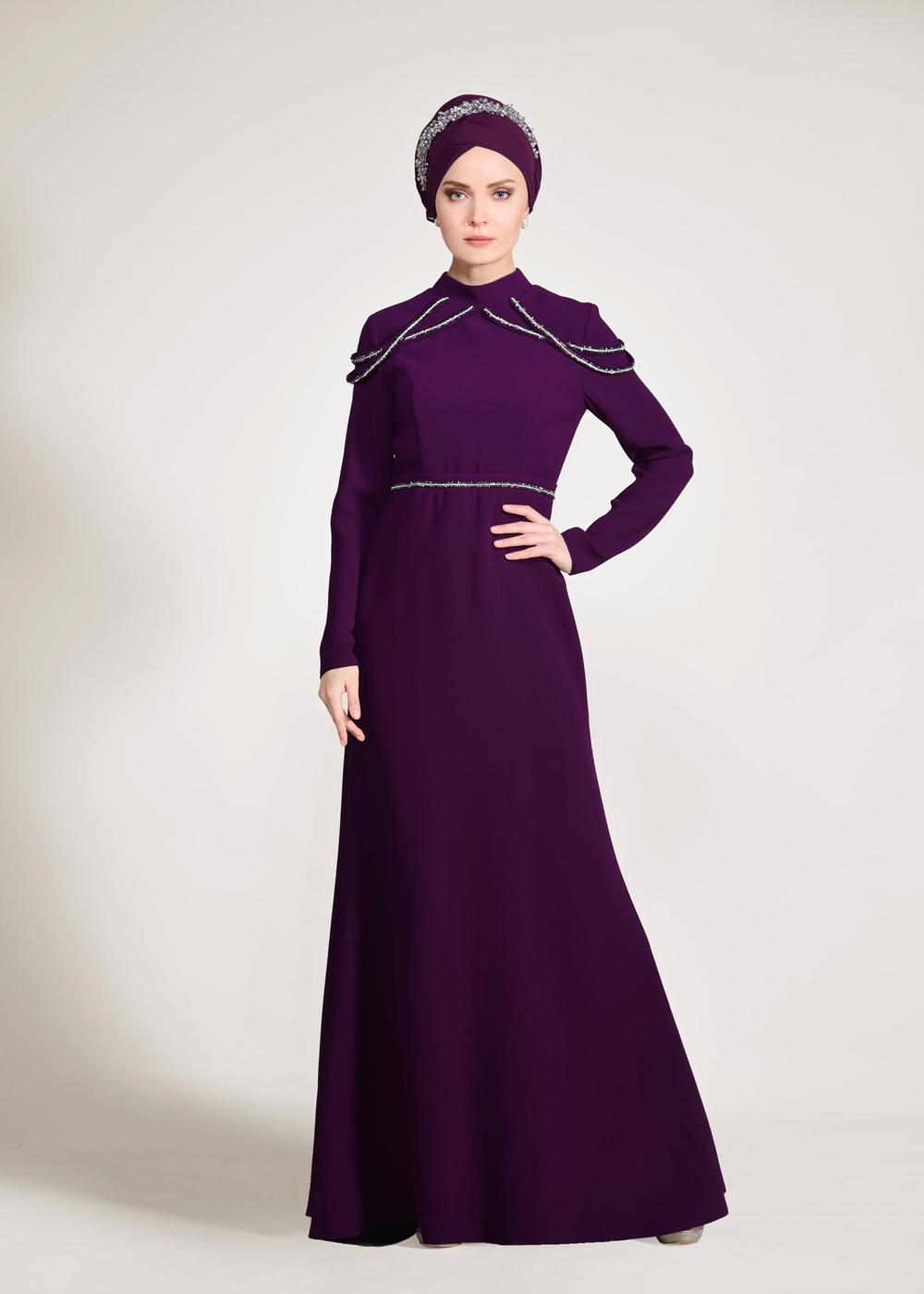 Tesettür giyim MOR ALVİNA TAŞ DETAYLI ABİYE ELBİSE T 5445