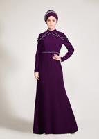 Tesettür giyim MOR ALVİNA TAŞ DETAYLI ABİYE ELBİSE T 5445