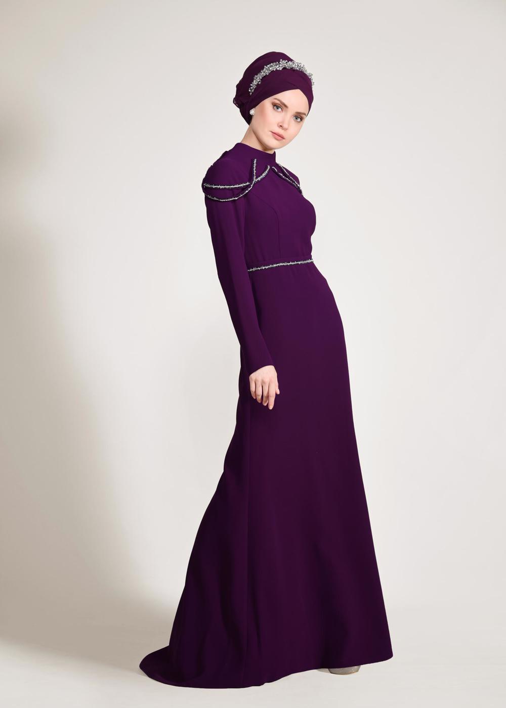 Tesettür giyim MOR ALVİNA TAŞ DETAYLI ABİYE ELBİSE T 5445