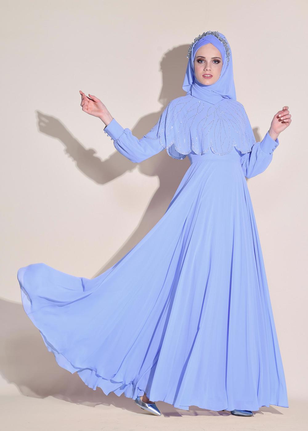 Tesettür giyim MAVİ TAŞLI ŞİFON ABİYE ELBİSE 5468 