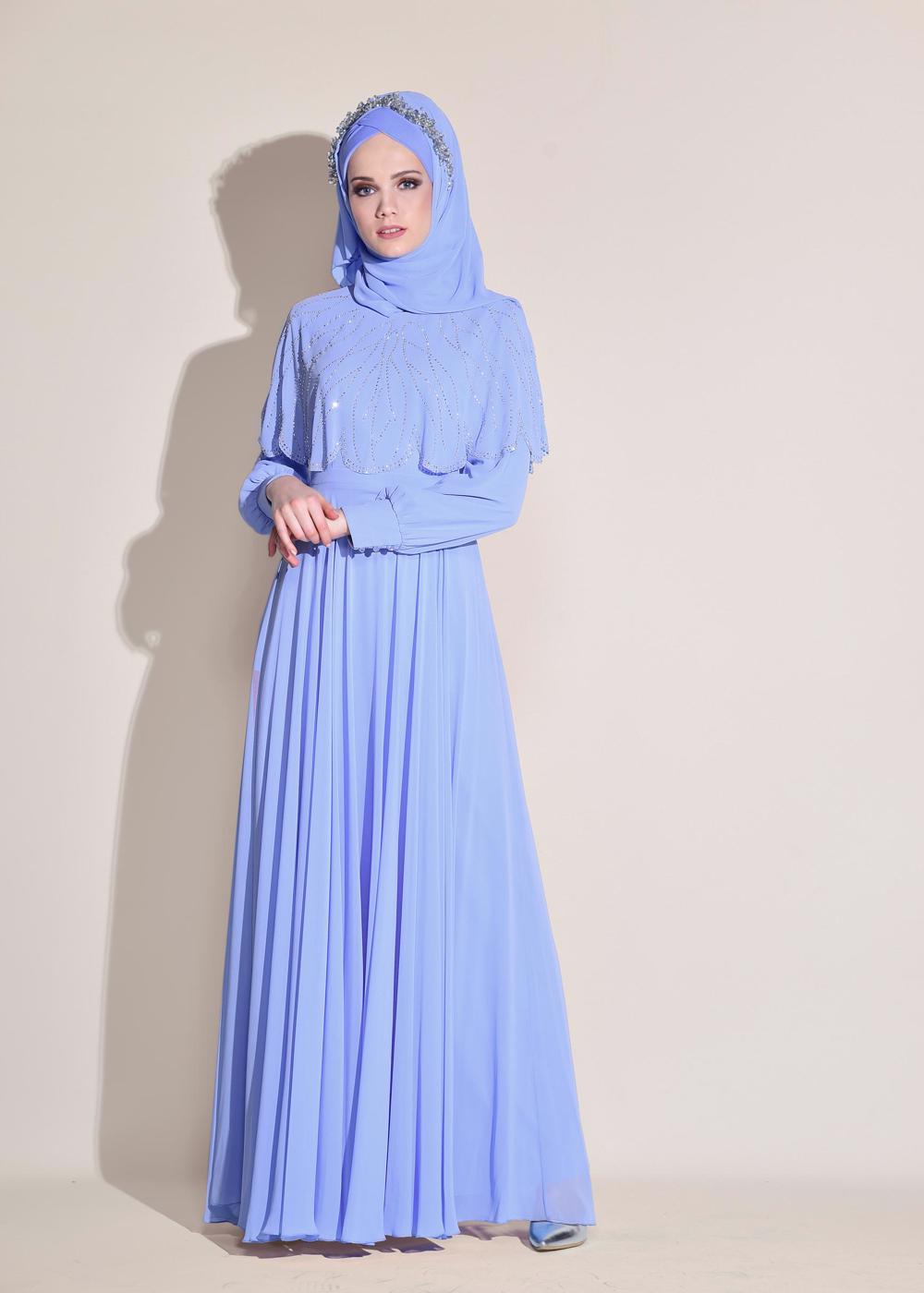 Tesettür giyim MAVİ TAŞLI ŞİFON ABİYE ELBİSE 5468 