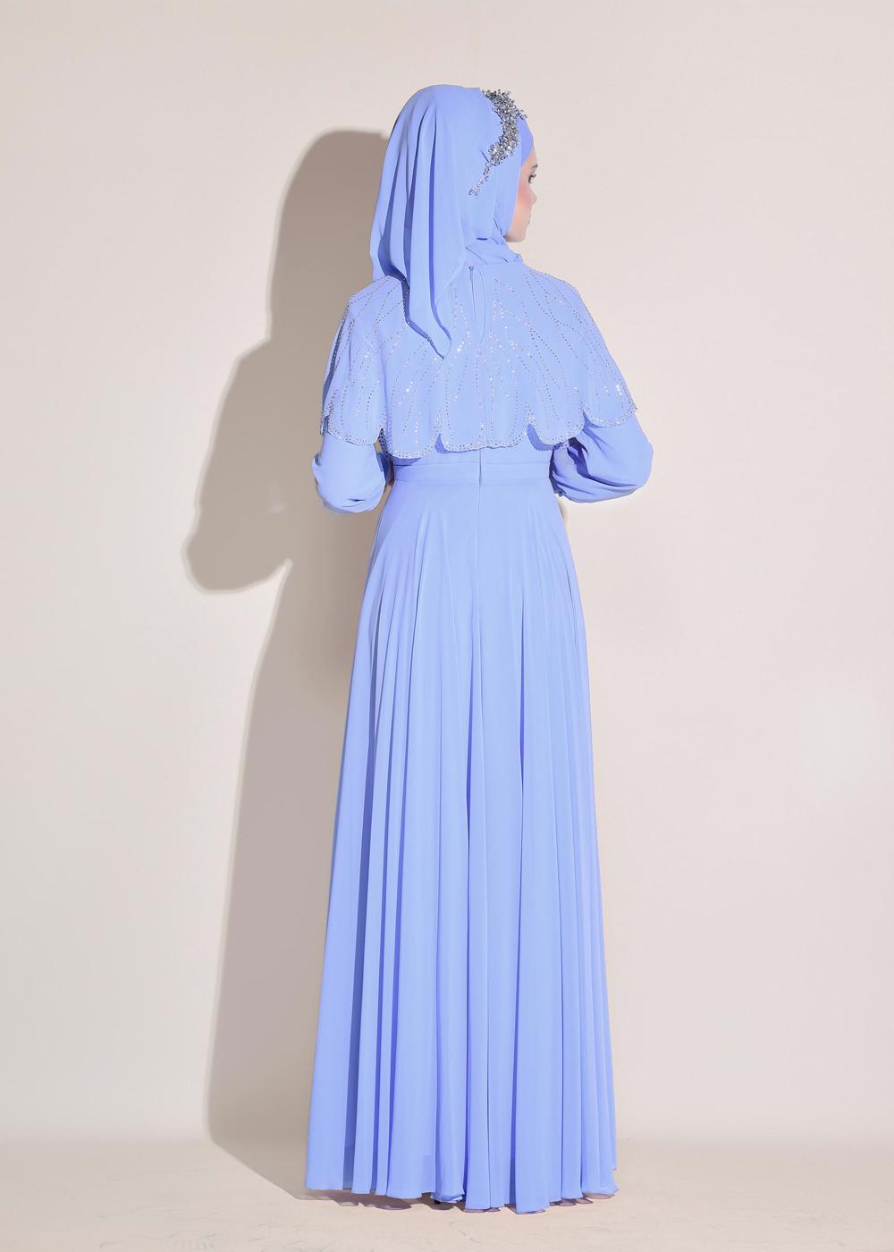 Tesettür giyim MAVİ TAŞLI ŞİFON ABİYE ELBİSE 5468 