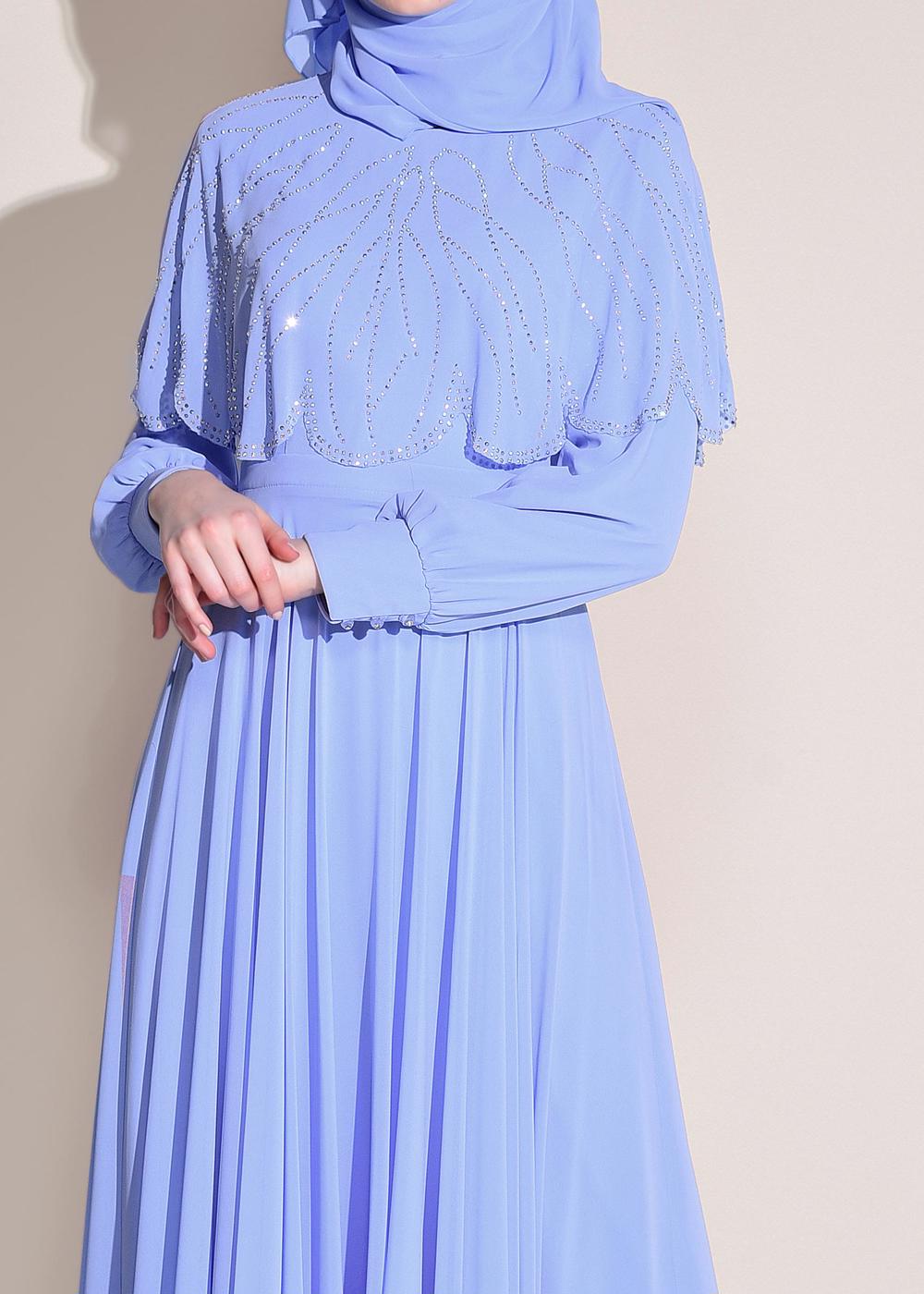 Tesettür giyim MAVİ TAŞLI ŞİFON ABİYE ELBİSE 5468 