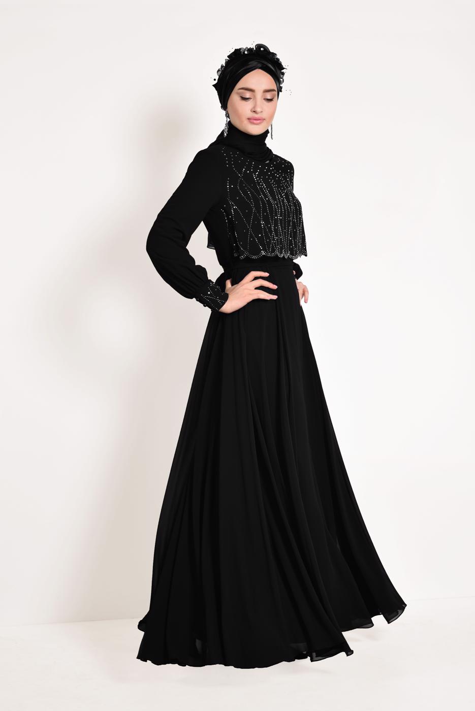 Tesettür giyim SİYAH ALVİNA ŞİFON ABİYE ELBİSE T 5471
