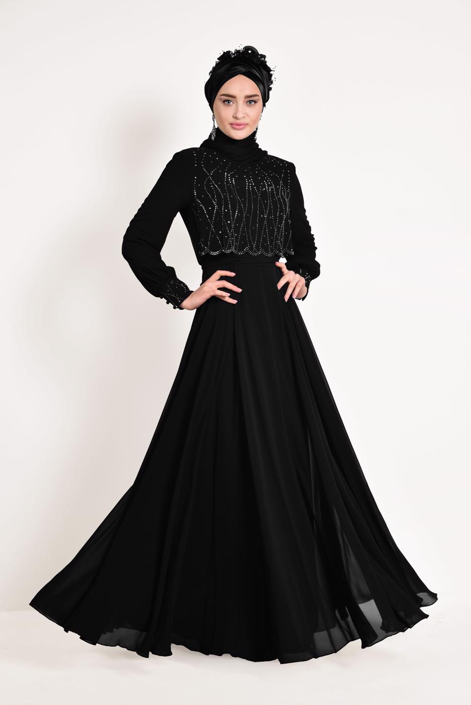 Tesettür giyim SİYAH ALVİNA ŞİFON ABİYE ELBİSE T 5471