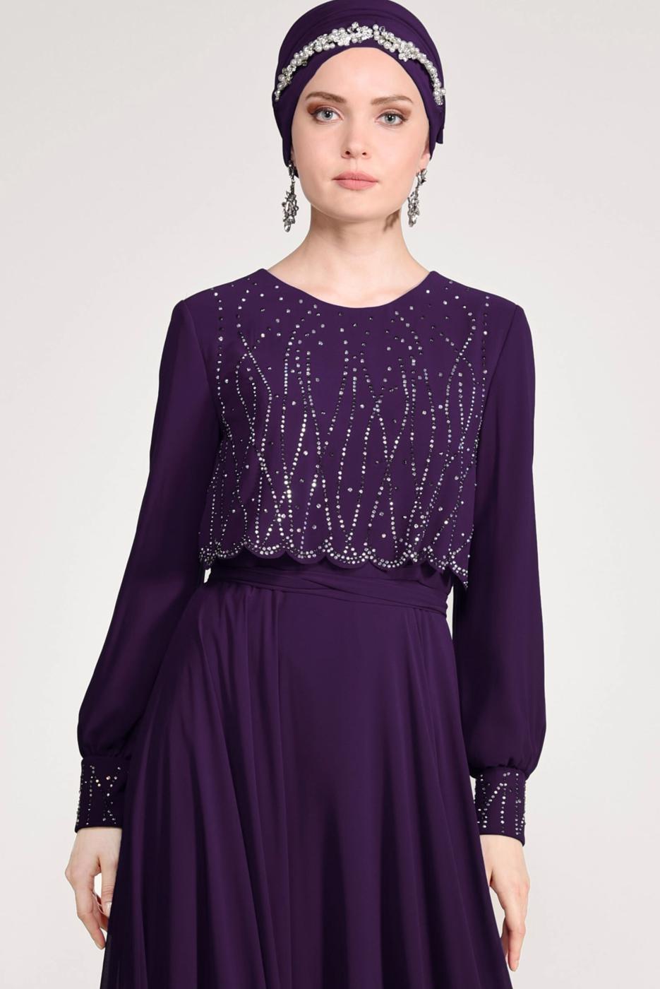 Tesettür giyim MOR ALVİNA ŞİFON ABİYE ELBİSE T 5471