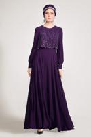 Tesettür giyim MOR ALVİNA ŞİFON ABİYE ELBİSE T 5471