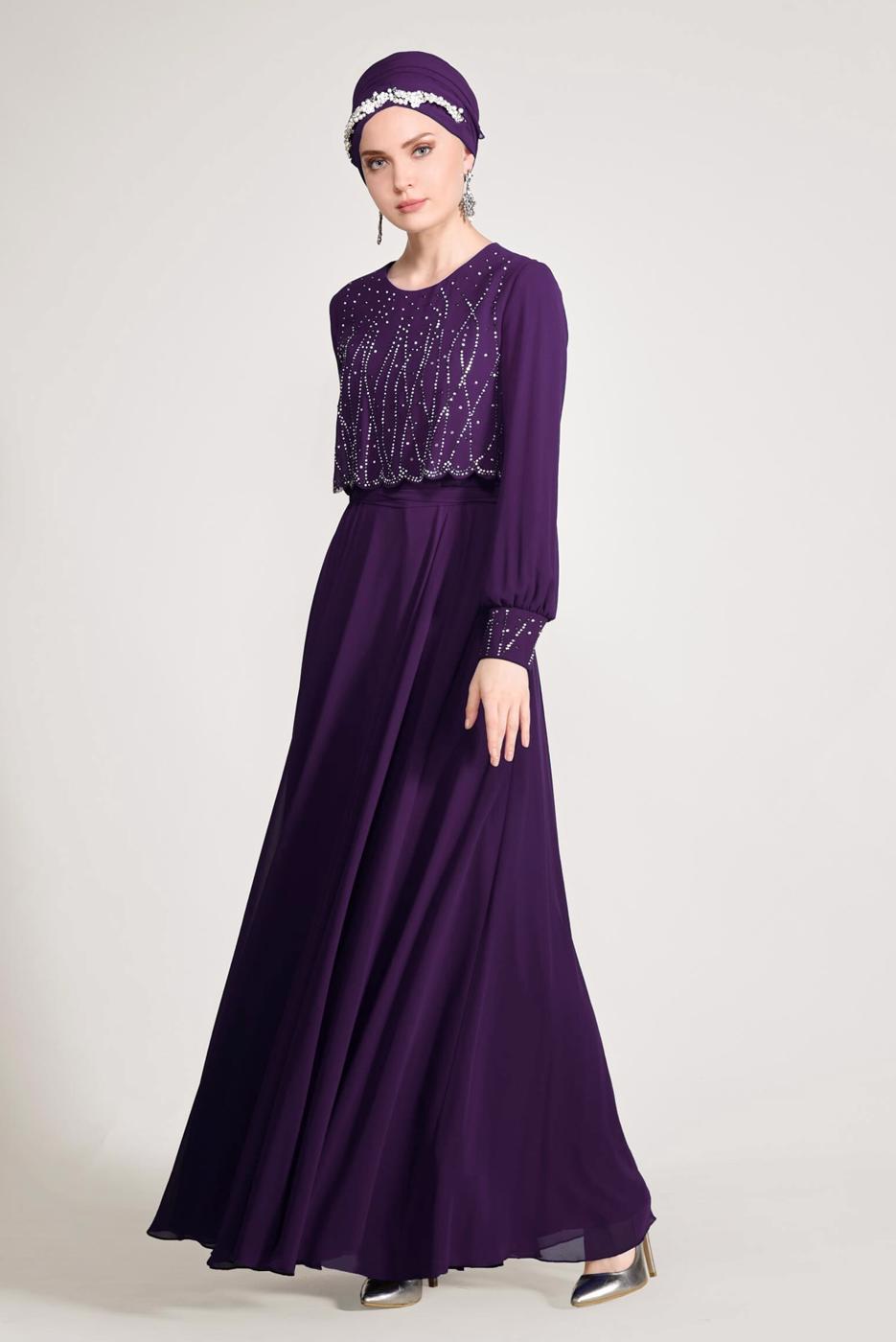 Tesettür giyim MOR ALVİNA ŞİFON ABİYE ELBİSE T 5471