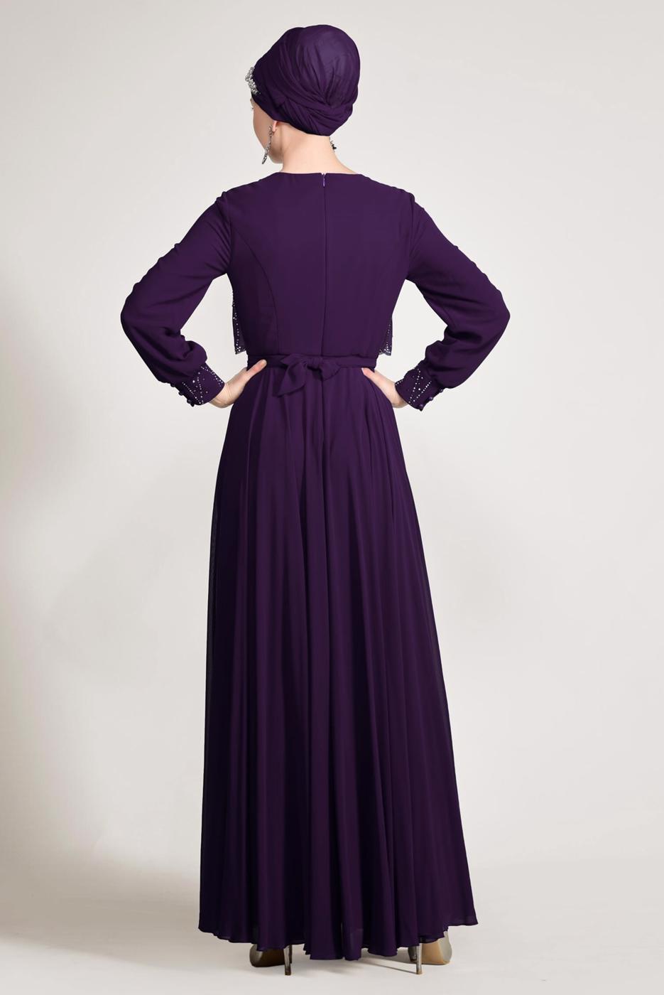 Tesettür giyim MOR ALVİNA ŞİFON ABİYE ELBİSE T 5471