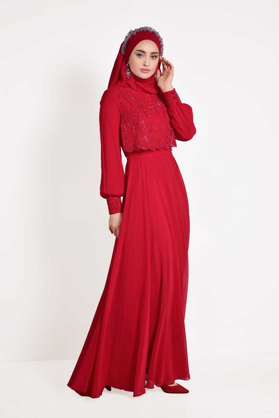 Tesettür giyim BORDO ALVİNA ŞİFON ABİYE ELBİSE T 5471