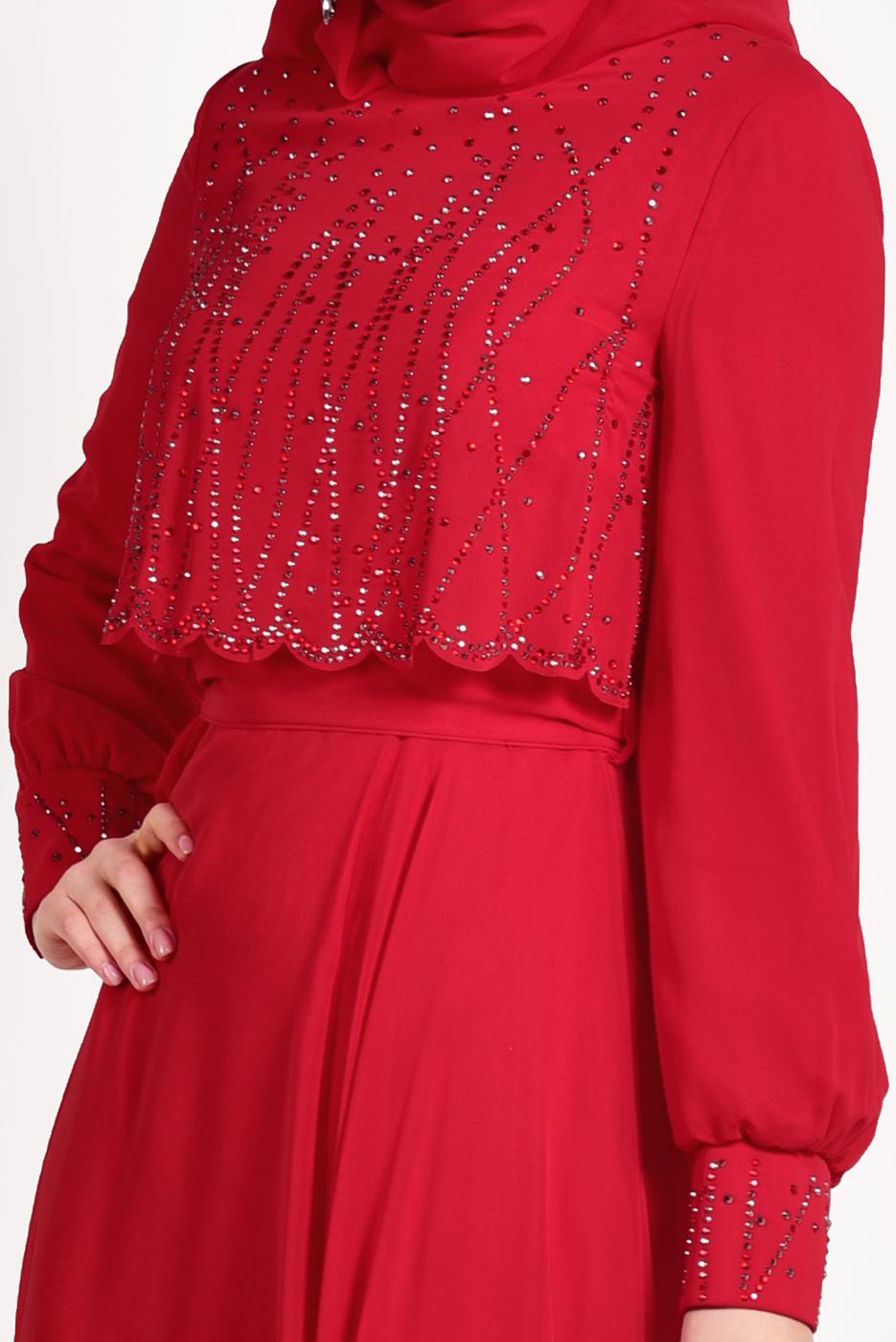 Tesettür giyim BORDO ALVİNA ŞİFON ABİYE ELBİSE T 5471