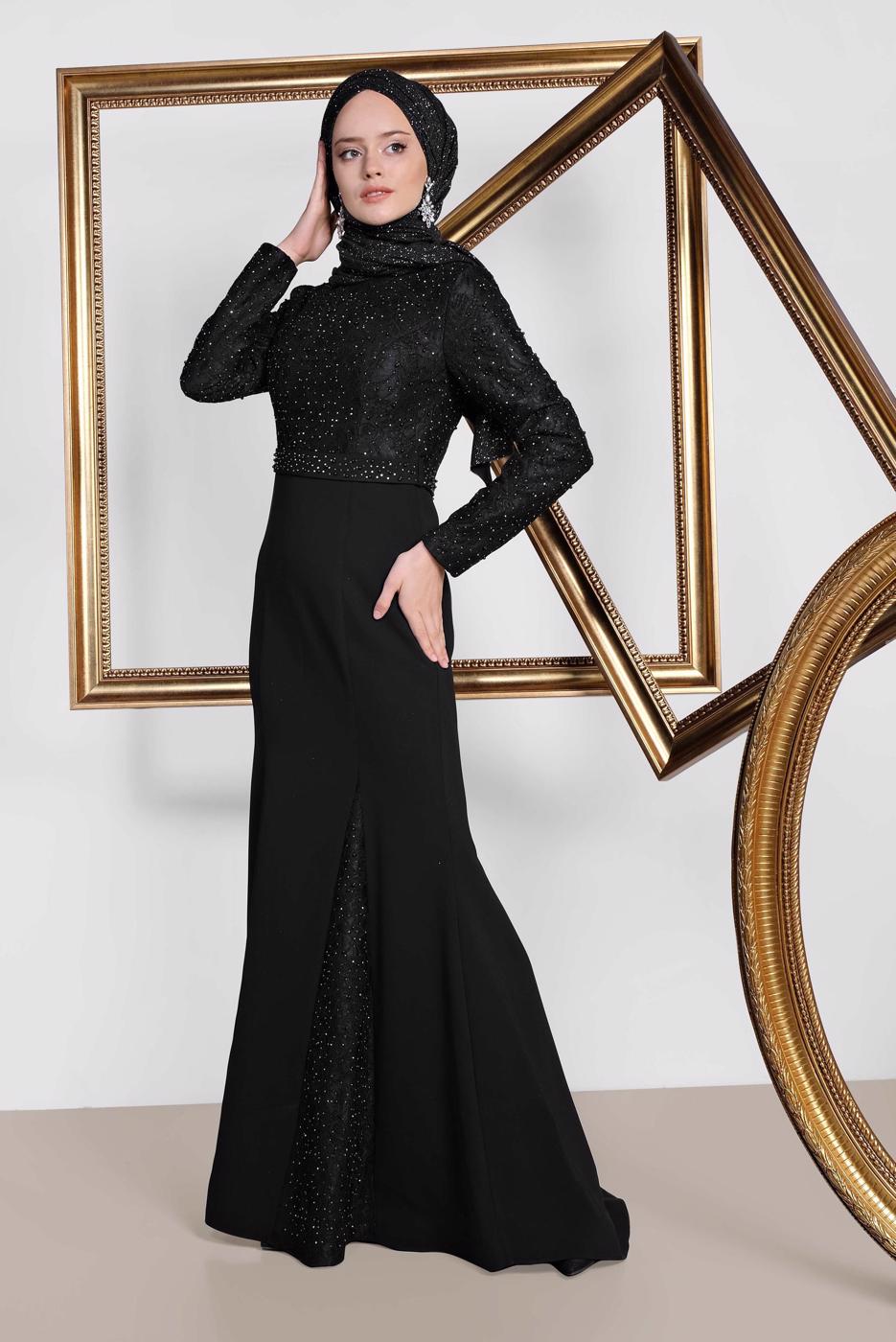 Tesettür giyim SİYAH ALVİNA TAŞLI ABİYE ELBİSE T 5474