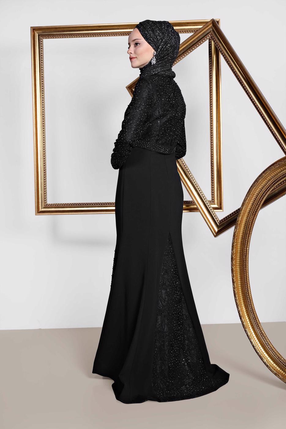 Tesettür giyim SİYAH ALVİNA TAŞLI ABİYE ELBİSE T 5474