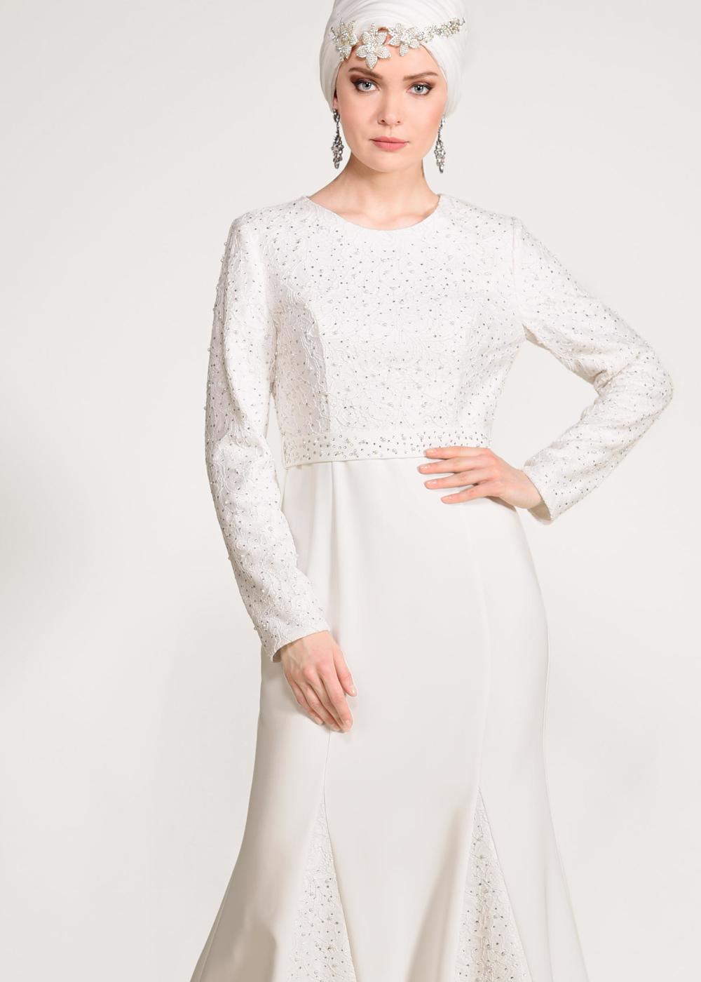 Tesettür giyim KREM ALVİNA TAŞLI ABİYE ELBİSE T 5474