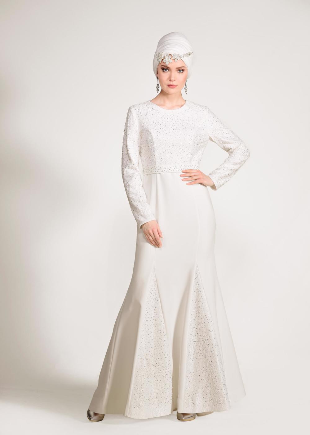 Tesettür giyim KREM ALVİNA TAŞLI ABİYE ELBİSE T 5474