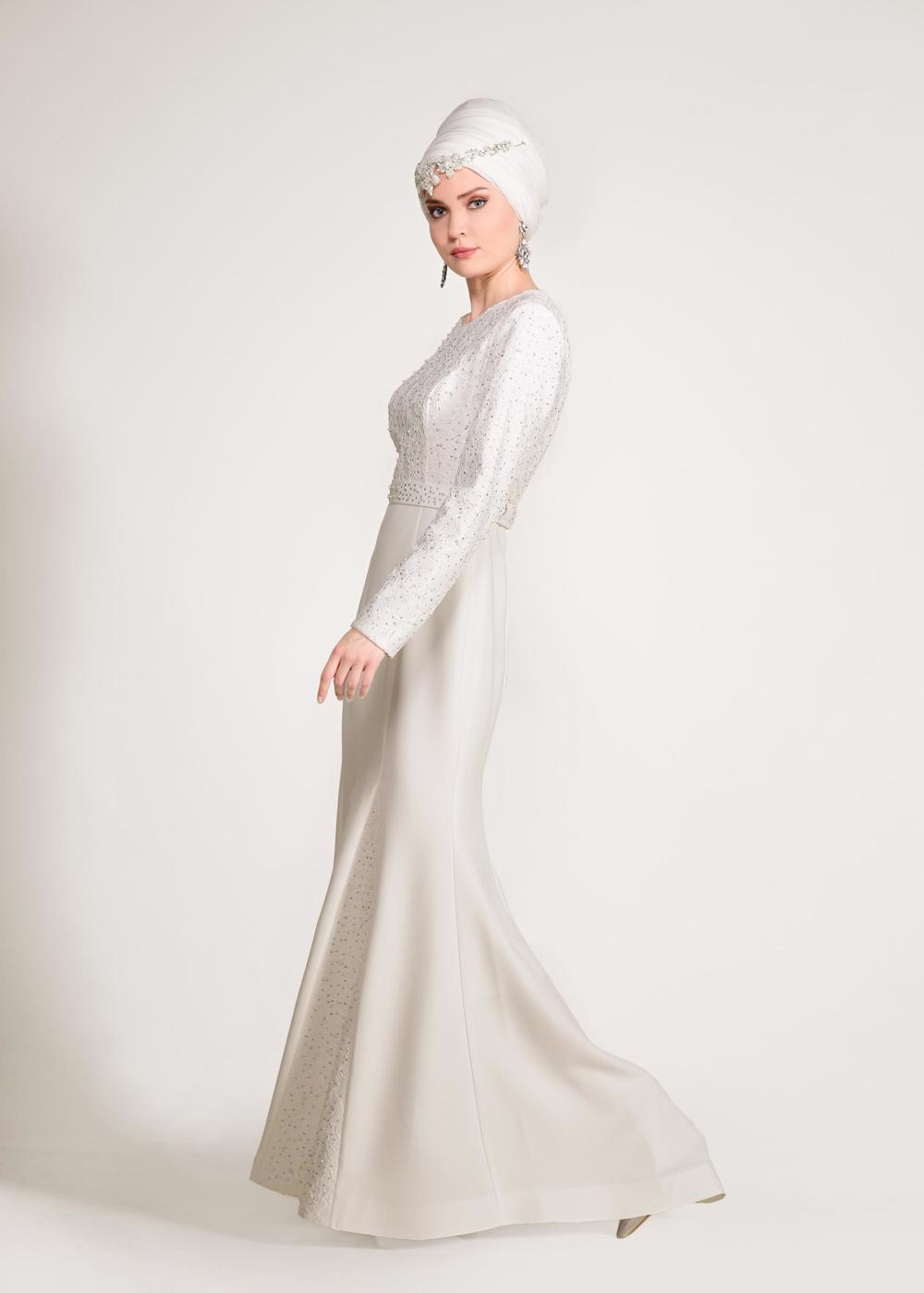 Tesettür giyim KREM ALVİNA TAŞLI ABİYE ELBİSE T 5474