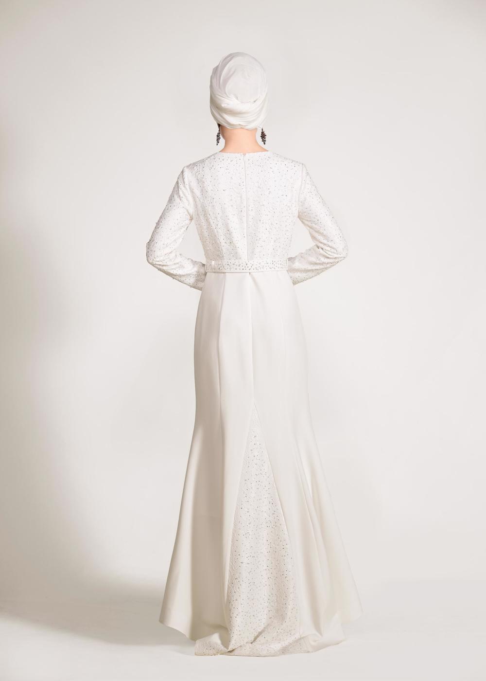 Tesettür giyim KREM ALVİNA TAŞLI ABİYE ELBİSE T 5474