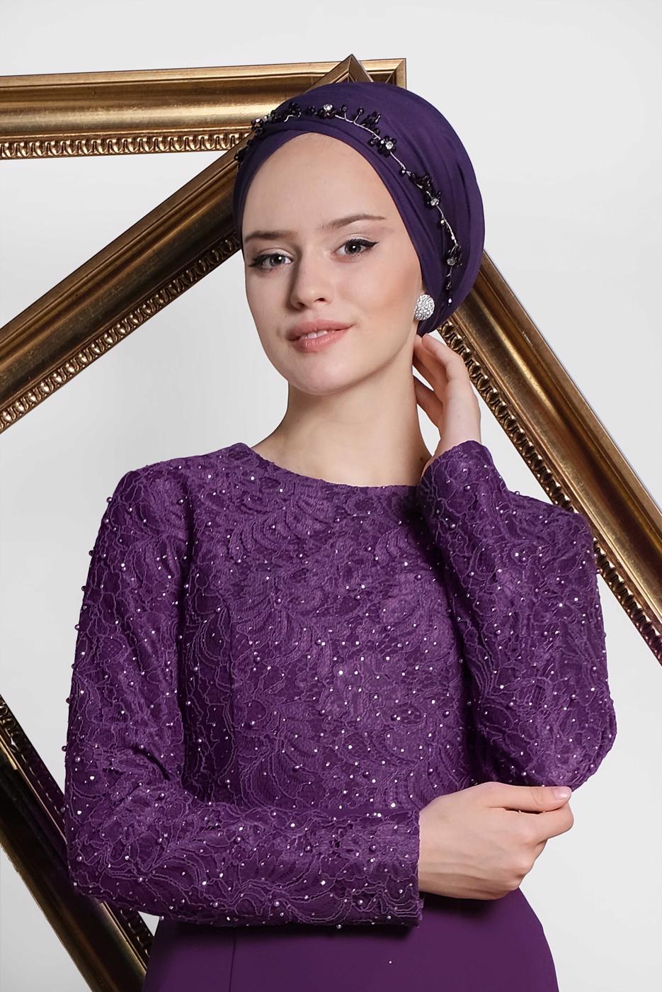 Tesettür giyim MOR ALVİNA TAŞLI ABİYE ELBİSE T 5474